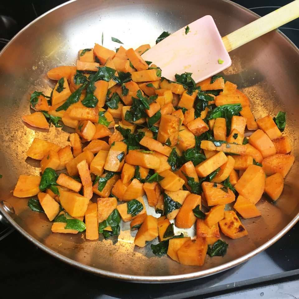 Vegan sweet potato hash is ready to go! Just have to add the toppings!