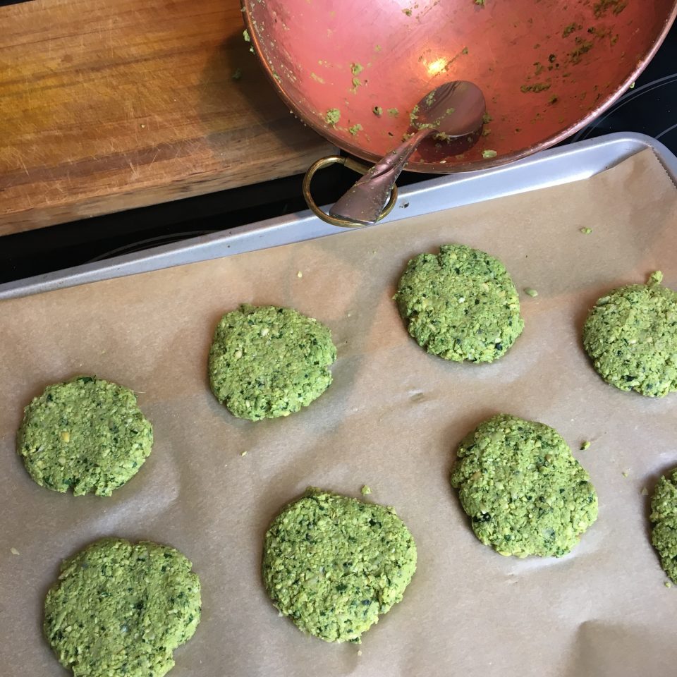 Parchment paper lined and falafels are formed! 