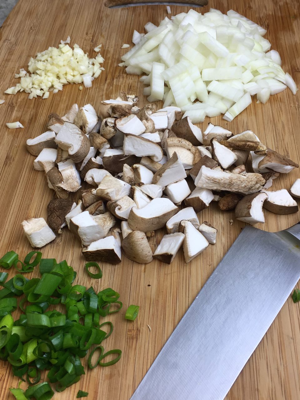 All the ingredients for the creamy mushroom soup are chopped and ready to go.