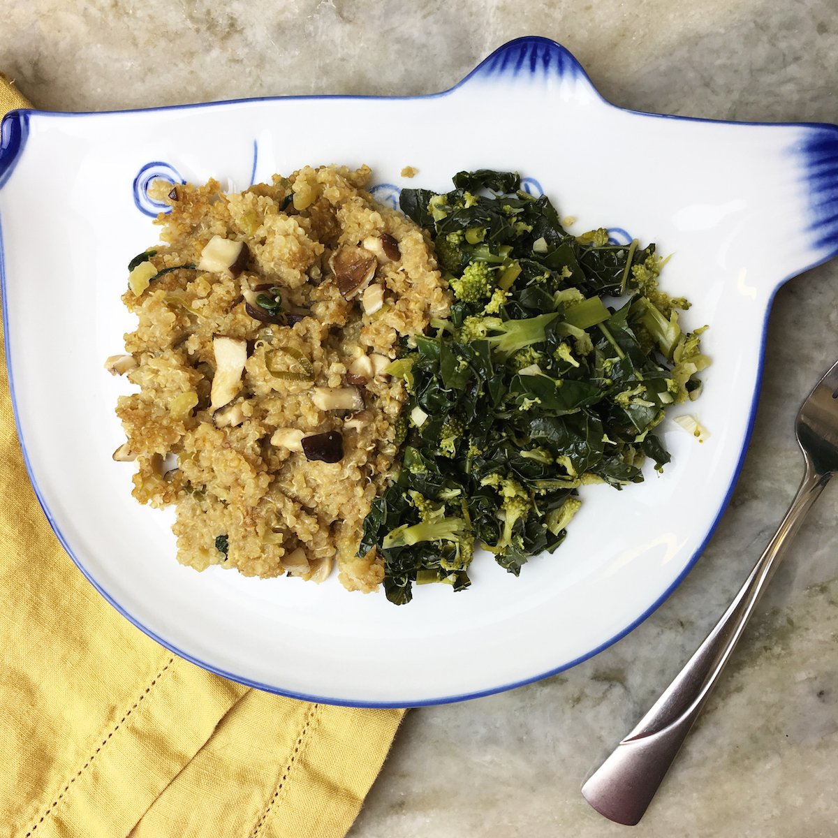 Delicious quinoa and mushroom casserole with some cooked kale and broccoli! 