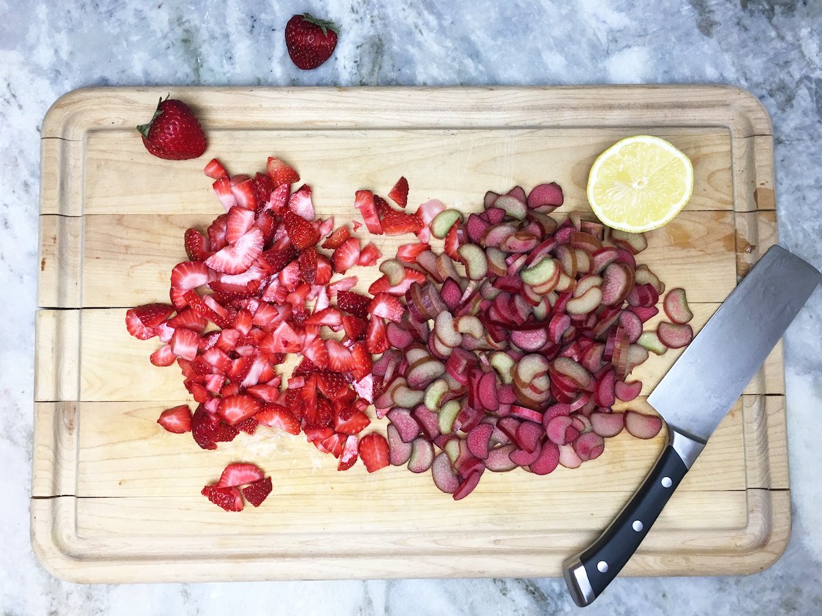 Strawberries and rhubarb are all chopped up and ready to go!
