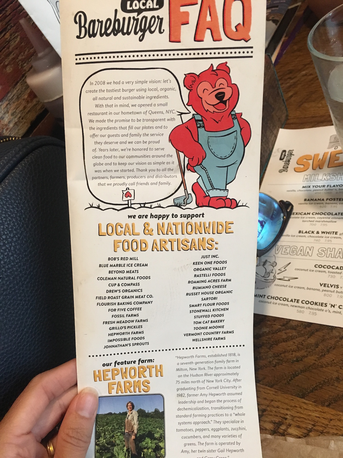 Bareburger FAQ tells the story of their business as well as a list of their local and nationwide food vendors.