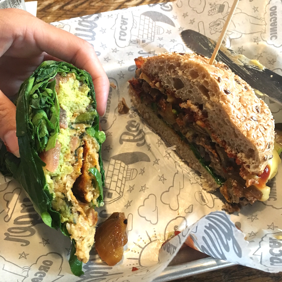 Sharing is Caring! Farmstead burger to the left and the Thai Chia burger is on the right.
