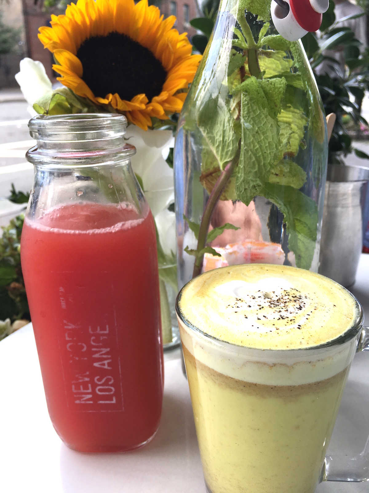 The Water Flower and turmeric latte with almond milk.