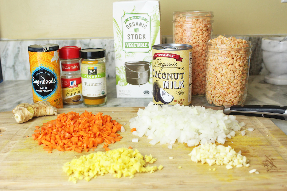 Most of the ingredients for this vegan red lentil dal! (spinach not included)