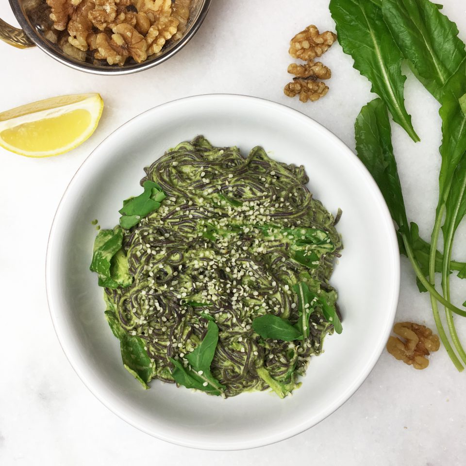 Vegan Arugula Walnut Pesto Pasta