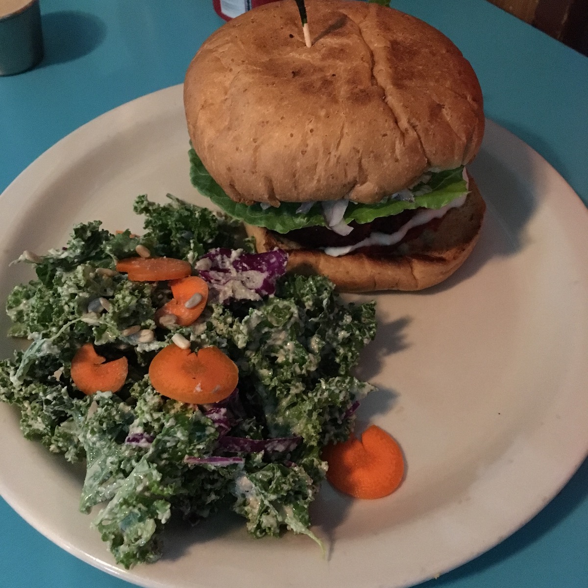 Walnut and Beet Burger with Kale Caesar Salad