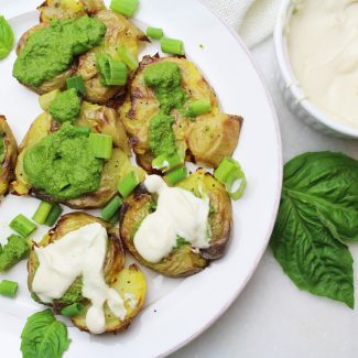 Smashed Potatoes with Mustard Aioli and Basil Pesto Sauce